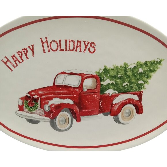 Mud Pie Platter Happy Holidays Red Truck With Christmas Tree Platter - Picture 1 of 11